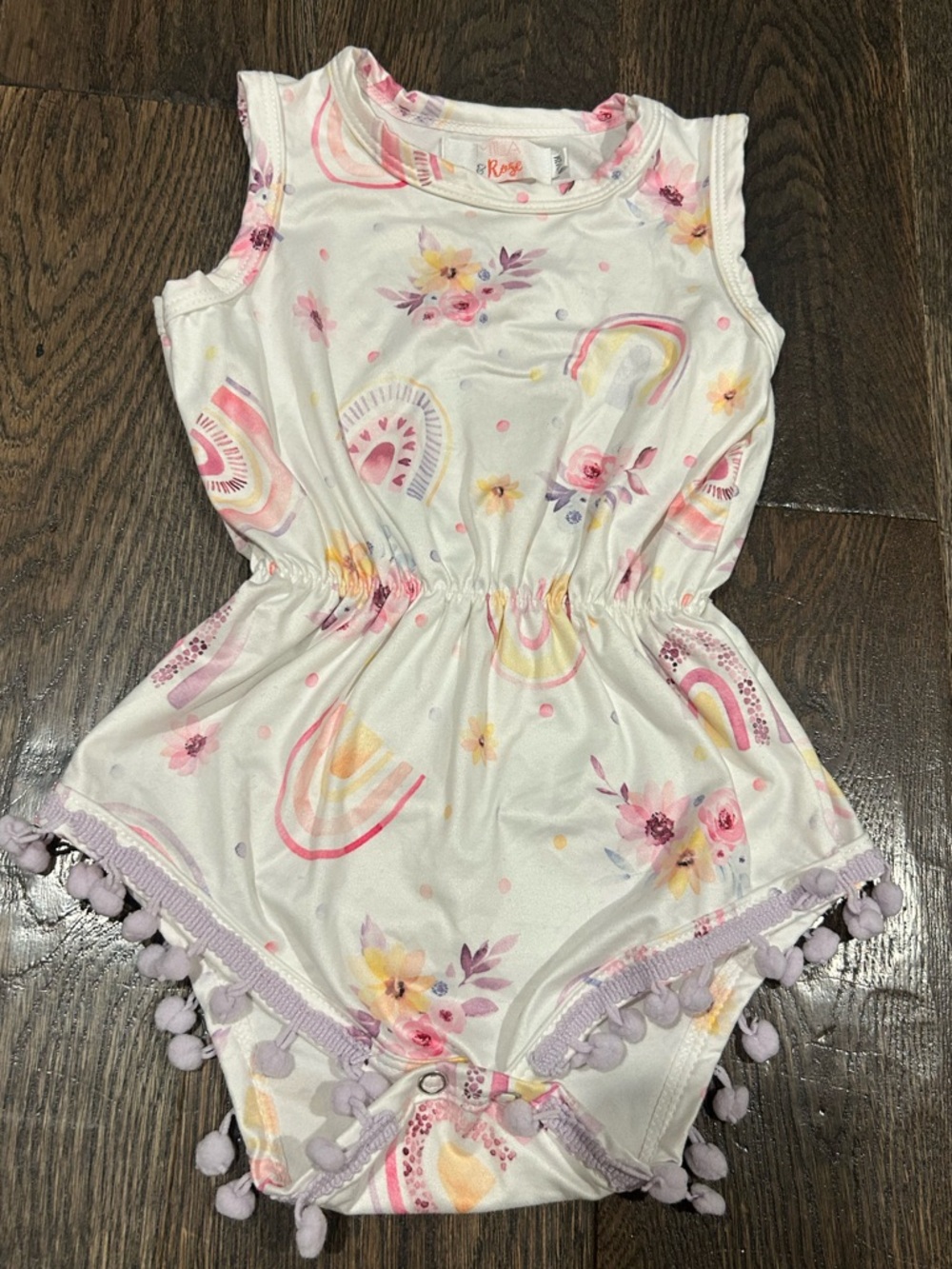 Mia & Rose Cream Floral & Rainbow Pom-Trim Romper Size 6-12 months